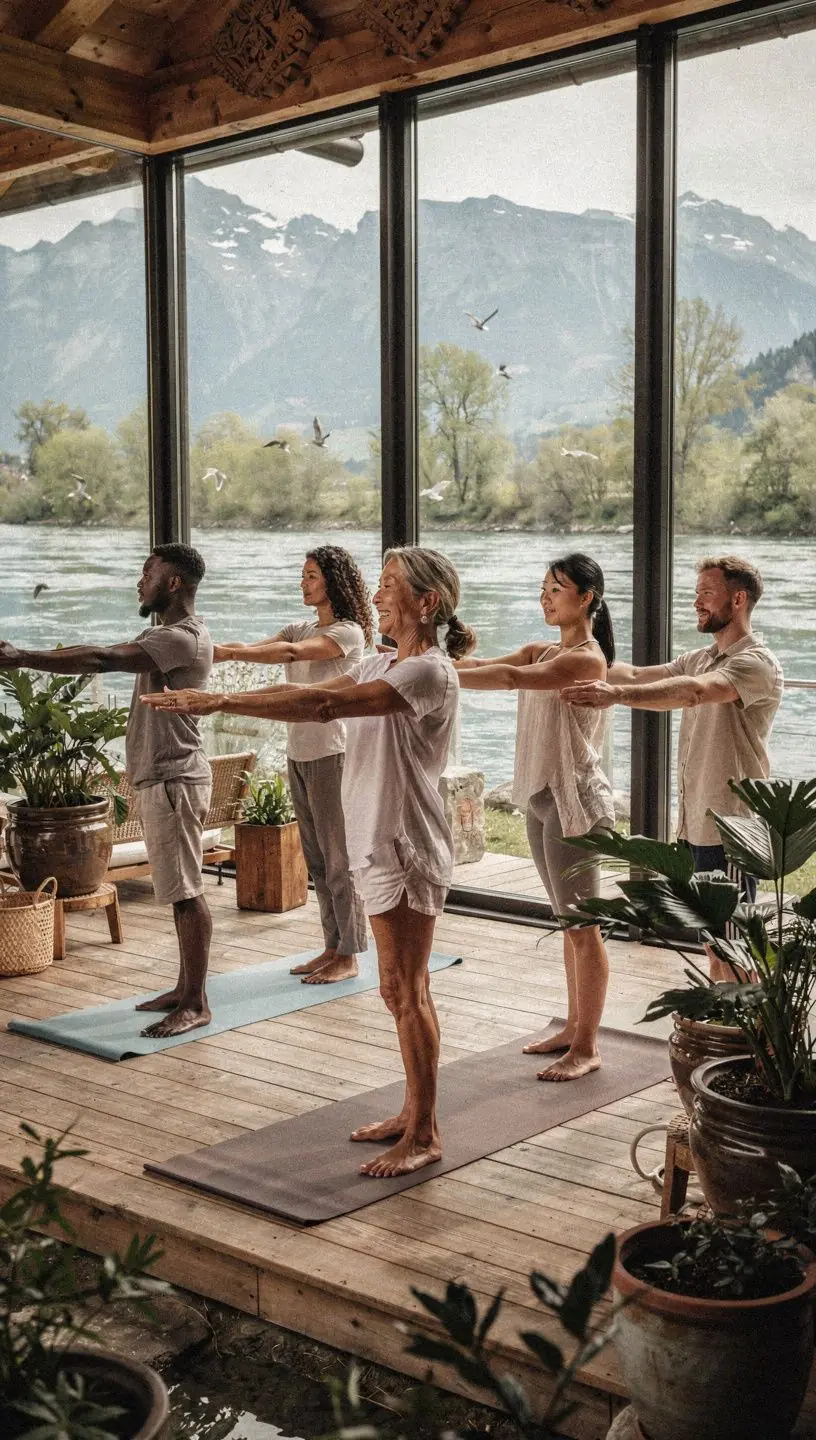 Besucher genießen ein entspannendes Bad in einem alpinen Spa mit Bergpanorama.
